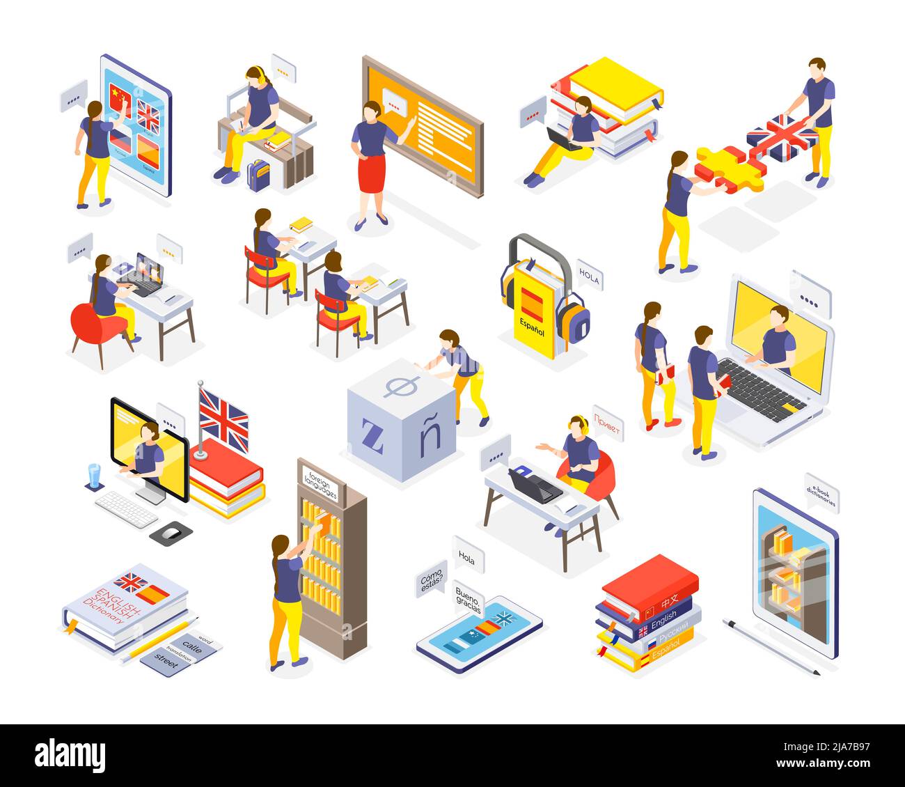 Foreign language online classes electronic library dictionaries access personal tutor school lessons courses isometric set vector illustration Stock Vector