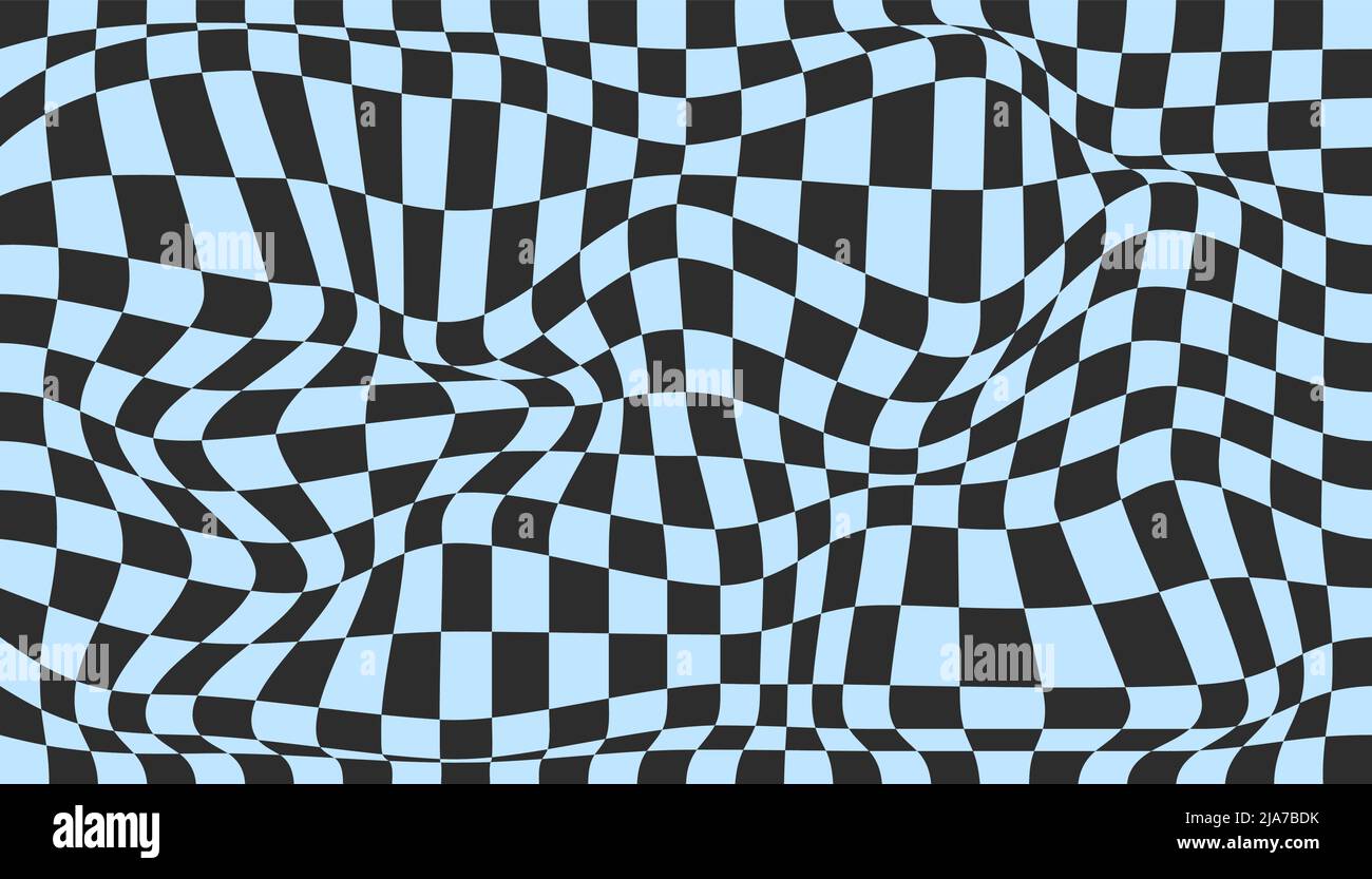 Checkered background with distorted squares. Abstract banner with distortion. Chess pattern. Chessboard surface Stock Vector