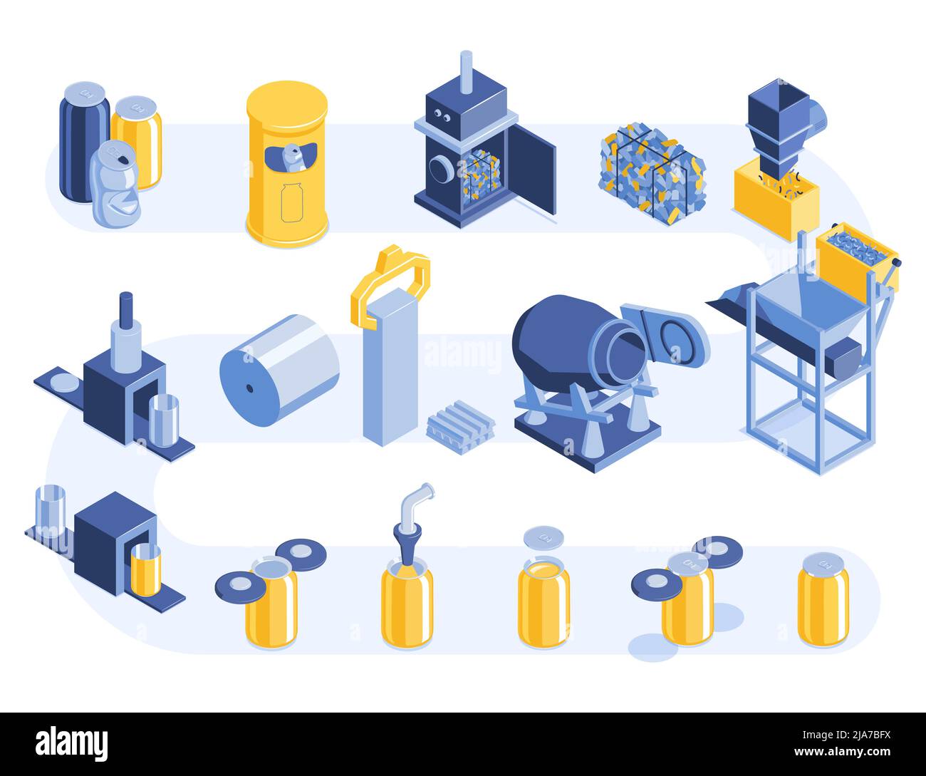 Aluminium cans recycling process stages isometric set from gathering