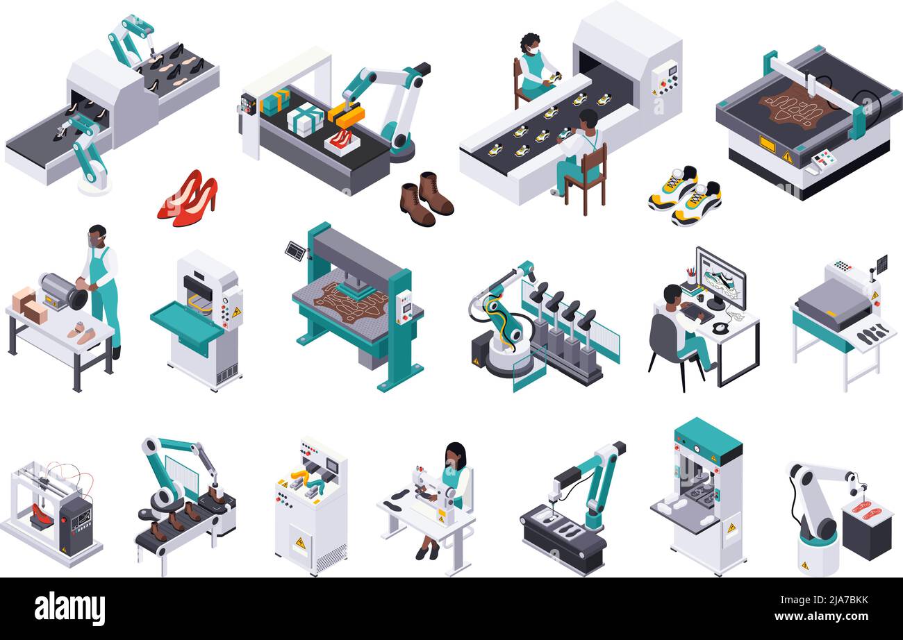 Footwear shoes production isometric composition with isolated icons of ...