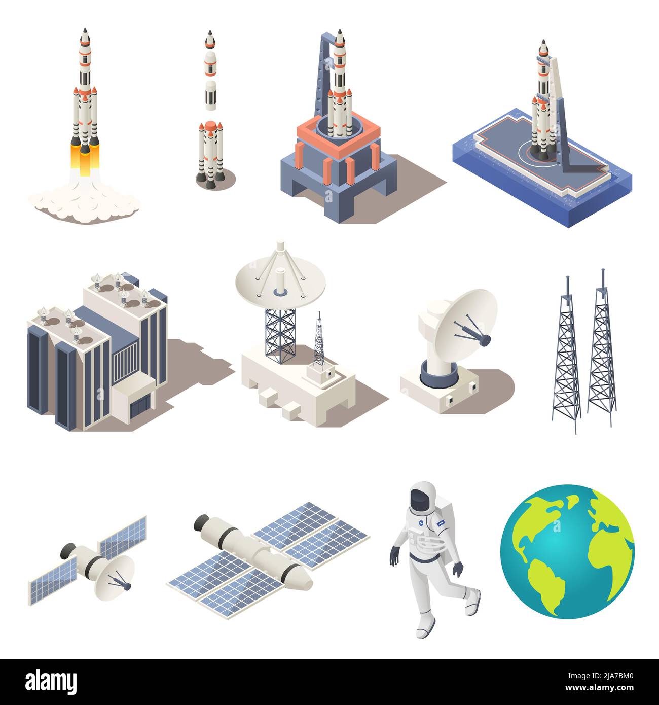 Space research isometric icons set with rocket astronaut planet earth ...