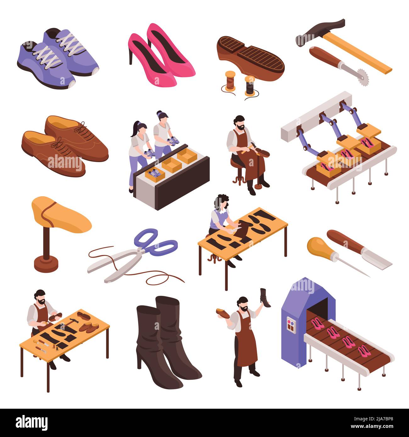 Shoes repair manufacturing process isometric set with shoemaker