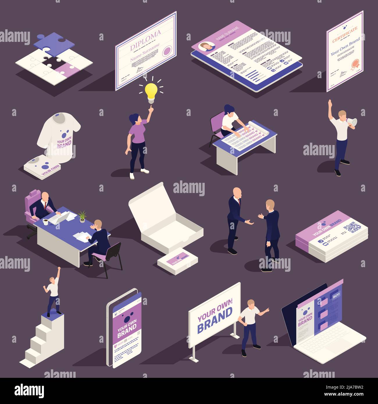 Self promotion personal branding strategy isometric set with creative
