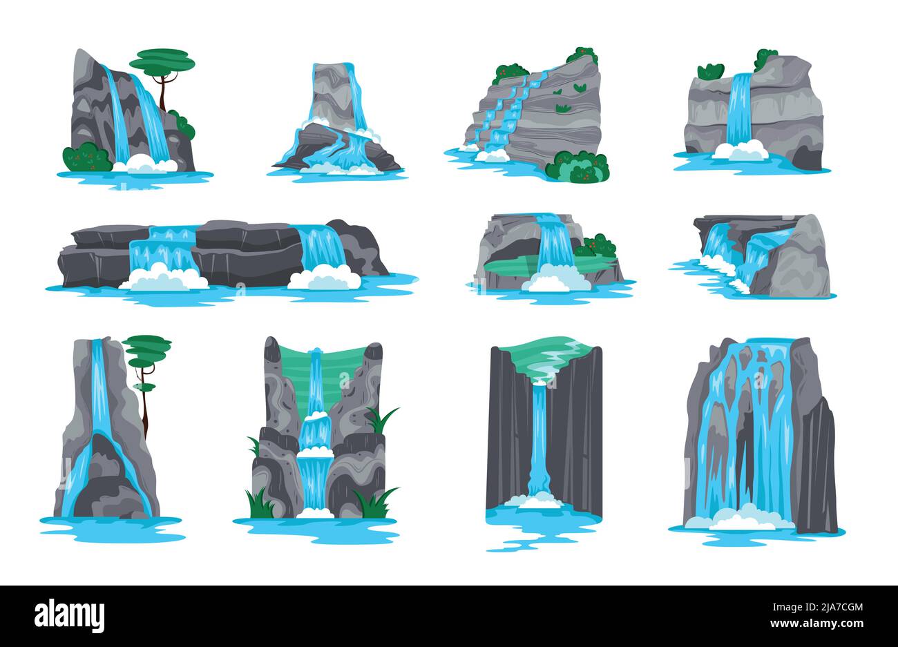 Waterfall in mountains cartoon set of decorative elements for video game interface isolated on white background vector illustration Stock Vector