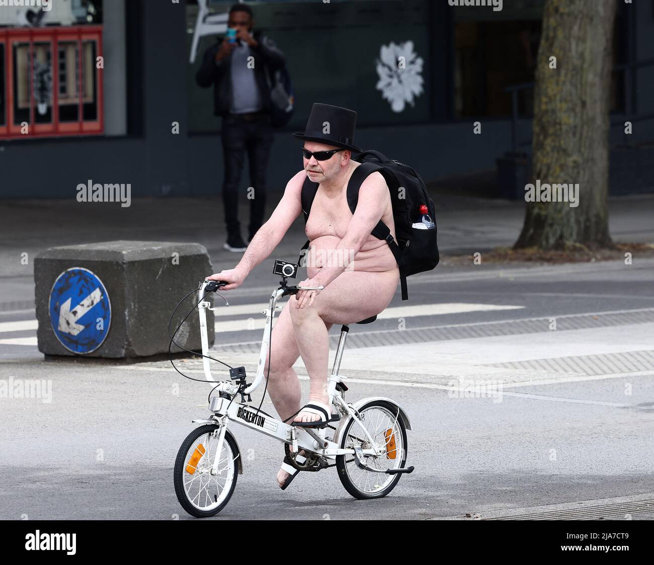 Coventry, Warwickshire, UK. 28th May 2022. Rider attends the Naked Bike Ride eveA nt. The annual demonstration draws attention to the vulnerability of cyclists on the road and oil & gas dependency. Credit Darren Staples/Alamy Live News. Stock Photo
