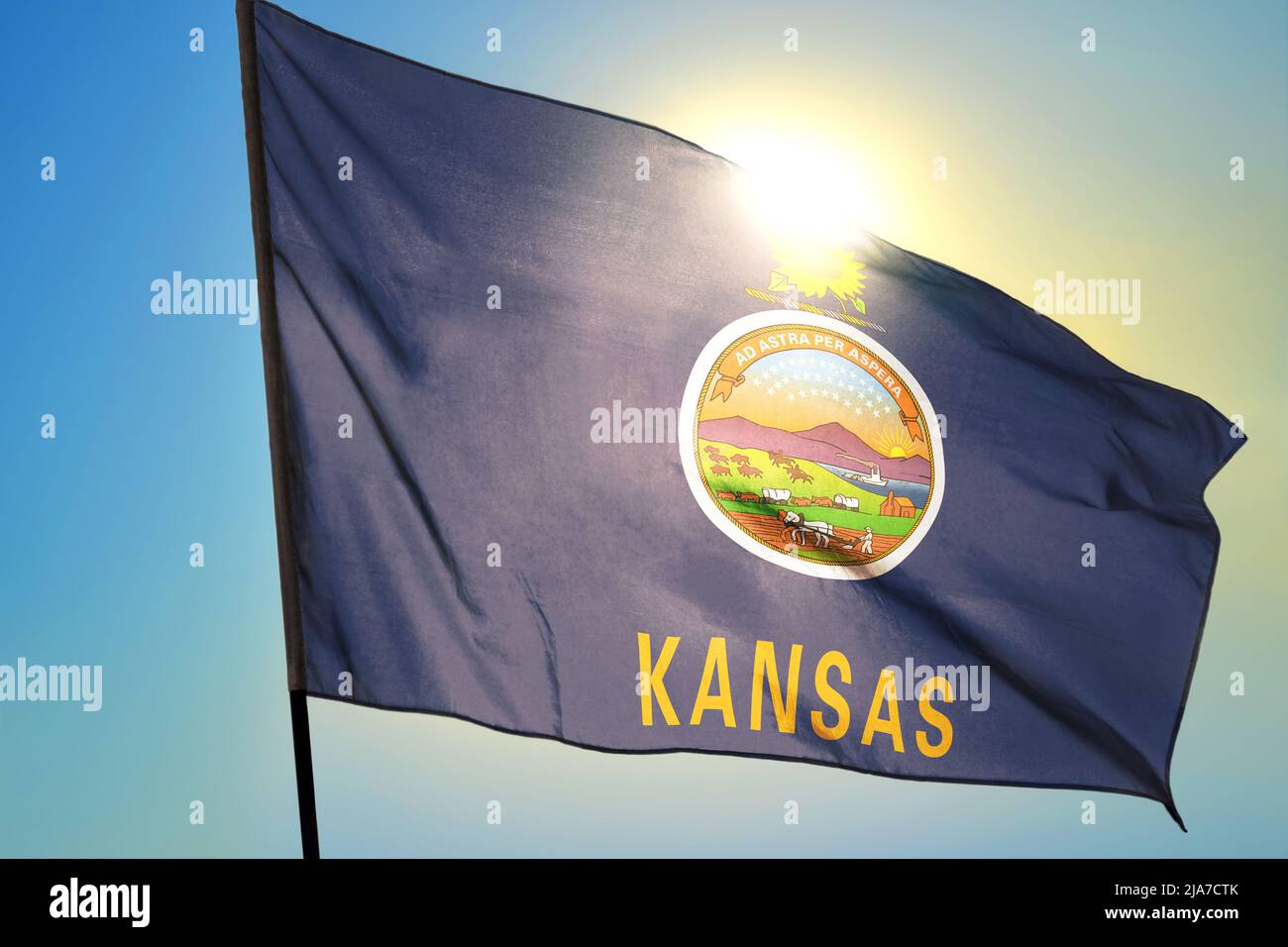 Kansas state of United States flag waving on the wind Stock Photo