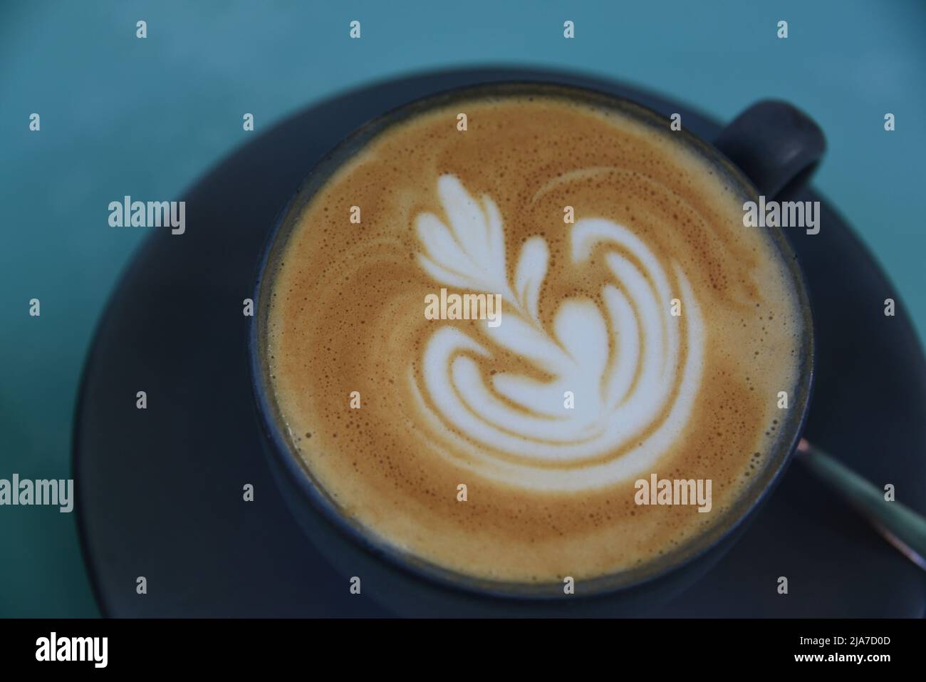 A large format close up shot of beautiful foam art in a black pottery cup of Cappuccino coffee.  Note the ample copy space. Stock Photo