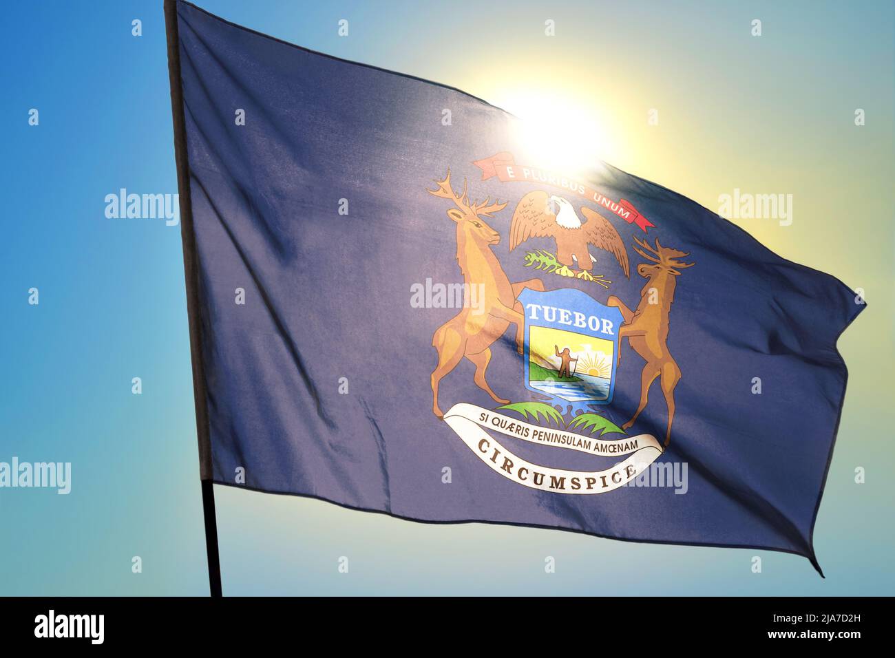 Michigan state of United States flag waving on the wind Stock Photo