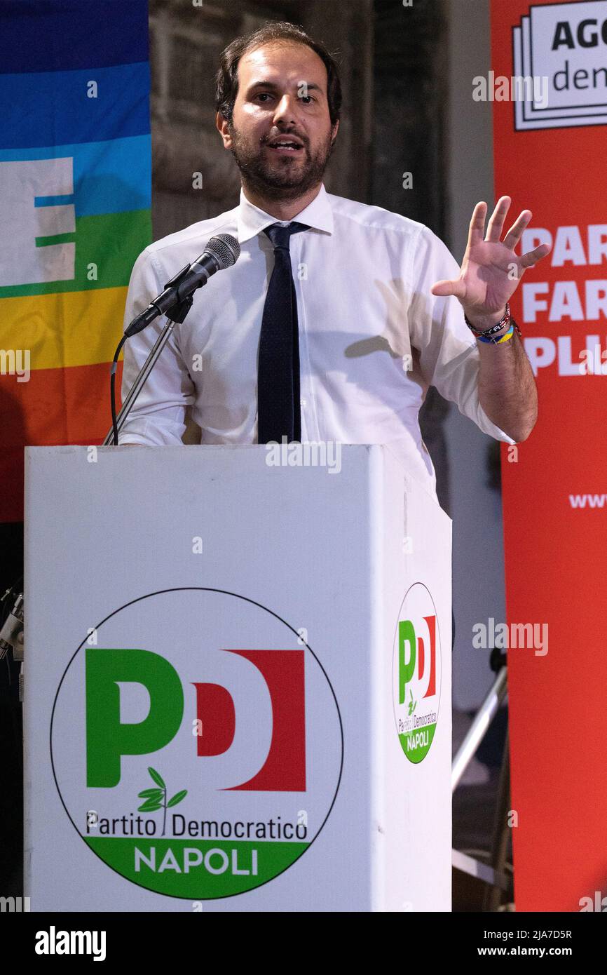 Naples, Italy. 27th May, 2022. Marco Sarracino, PD Naples secretary, during his speech at the conference 'Naples free from the Camorra' held on May 27, 2022 at the Domus Ars Center for Music and Culture in Naples. Credit: Independent Photo Agency/Alamy Live News Stock Photo