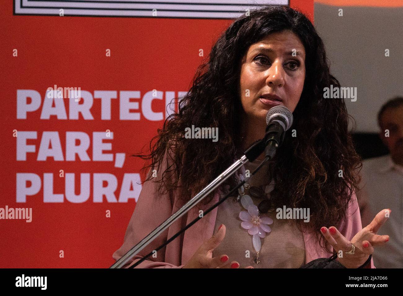 Naples, Italy. 27th May, 2022. Valeria Pirone, head teacher, during her speech at the conference 'Naples free from the Camorra' held on May 27, 2022 at the Domus Ars Center for Music and Culture in Naples. Credit: Independent Photo Agency/Alamy Live News Stock Photo