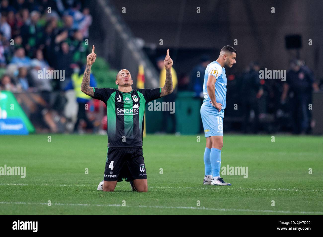Melbourne, Australia, 28 May, 2022. Leo Lacroix of Western United celebrates after winning the A-League Grand Final soccer match between Melbourne City FC and Western United at AAMI Park on May 28, 2022 in Melbourne, Australia. Credit: Mikko Robles/Speed Media/Alamy Live News Stock Photo