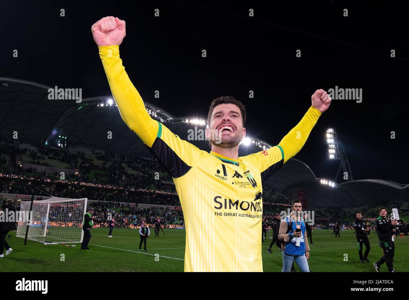 Melbourne, Australia, 28 May, 2022. Ryan Scott of Western United celebrates the win during the A-League Grand Final soccer match between Melbourne City FC and Western United at AAMI Park on May 28, 2022 in Melbourne, Australia. Credit: Mikko Robles/Speed Media/Alamy Live News Stock Photo