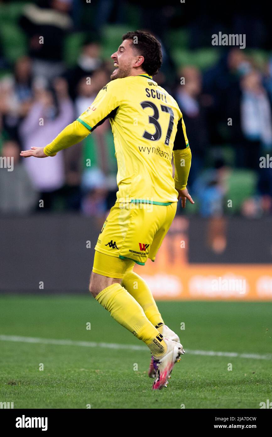Melbourne, Australia, 28 May, 2022. Ryan Scott of Western United celebrates the win during the A-League Grand Final soccer match between Melbourne City FC and Western United at AAMI Park on May 28, 2022 in Melbourne, Australia. Credit: Mikko Robles/Speed Media/Alamy Live News Stock Photo