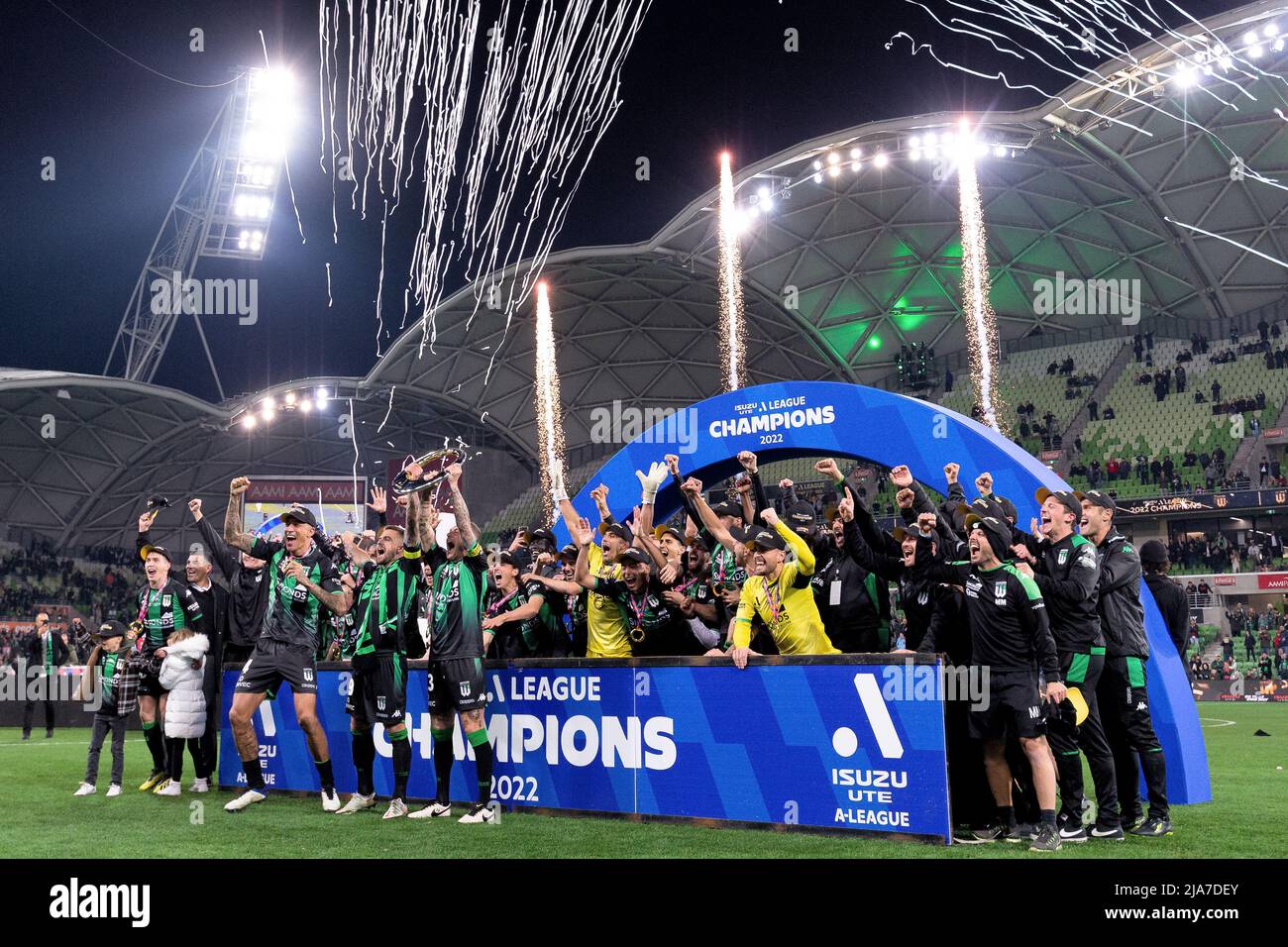Melbourne, Australia, 28 May, 2022. Western United FC celebrate the win during the A-League Grand Final soccer match between Melbourne City FC and Western United at AAMI Park on May 28, 2022 in Melbourne, Australia. Credit: Mikko Robles/Speed Media/Alamy Live News Stock Photo