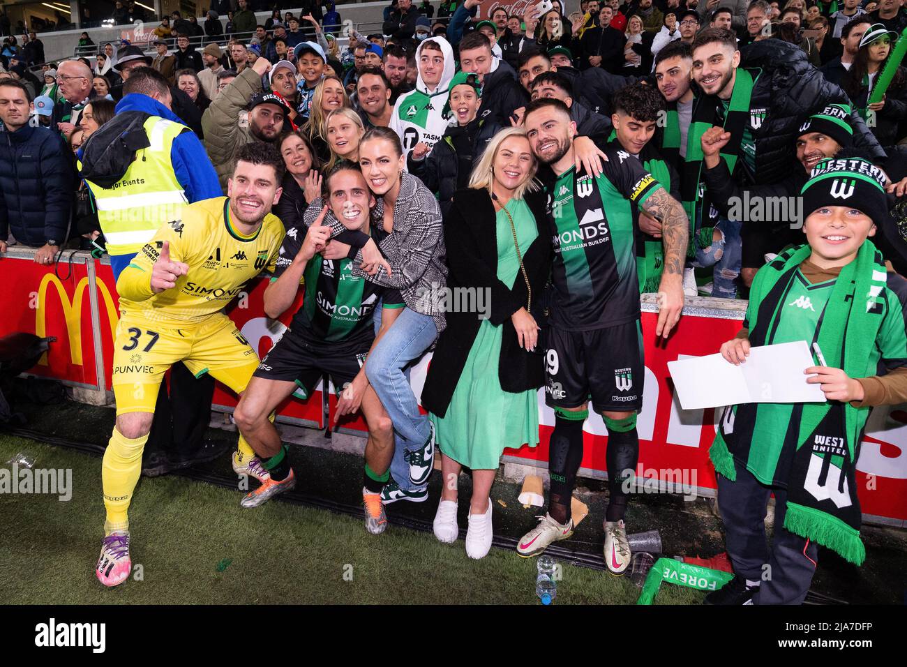 Melbourne, Australia, 28 May, 2022. Ryan Scott, Lachlan Wales and Joshua Risdon of Western United celebrate the win during the A-League Grand Final soccer match between Melbourne City FC and Western United at AAMI Park on May 28, 2022 in Melbourne, Australia. Credit: Mikko Robles/Speed Media/Alamy Live News Stock Photo