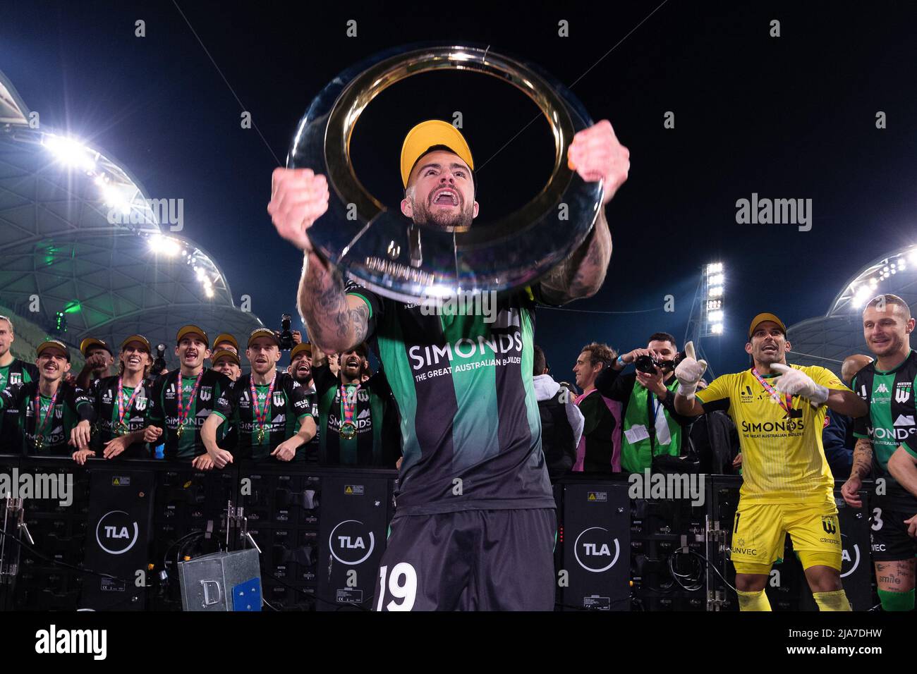 Melbourne, Australia, 28 May, 2022. Joshua Risdon of Western United celebrates with the trophy during the A-League Grand Final soccer match between Melbourne City FC and Western United at AAMI Park on May 28, 2022 in Melbourne, Australia. Credit: Mikko Robles/Speed Media/Alamy Live News Stock Photo