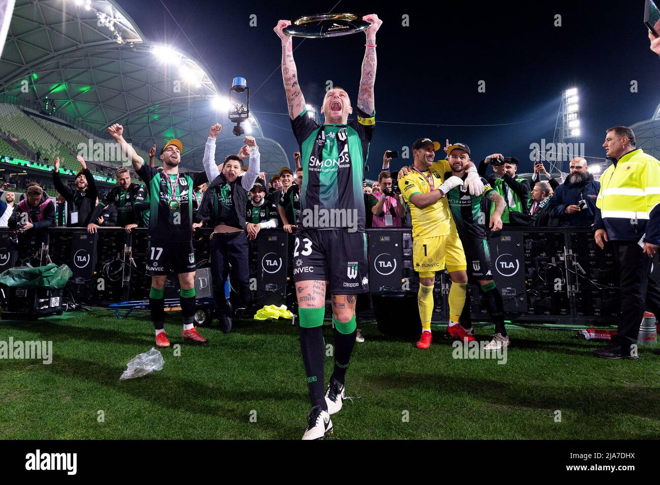 Melbourne, Australia, 28 May, 2022. Alessandro Diamanti of Western United celebrates with the trophy during the A-League Grand Final soccer match between Melbourne City FC and Western United at AAMI Park on May 28, 2022 in Melbourne, Australia. Credit: Mikko Robles/Speed Media/Alamy Live News Stock Photo