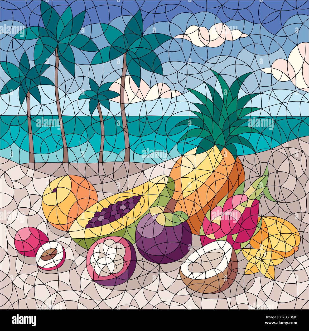 Still life coloring composition with mosaic lines and beach landscape ...