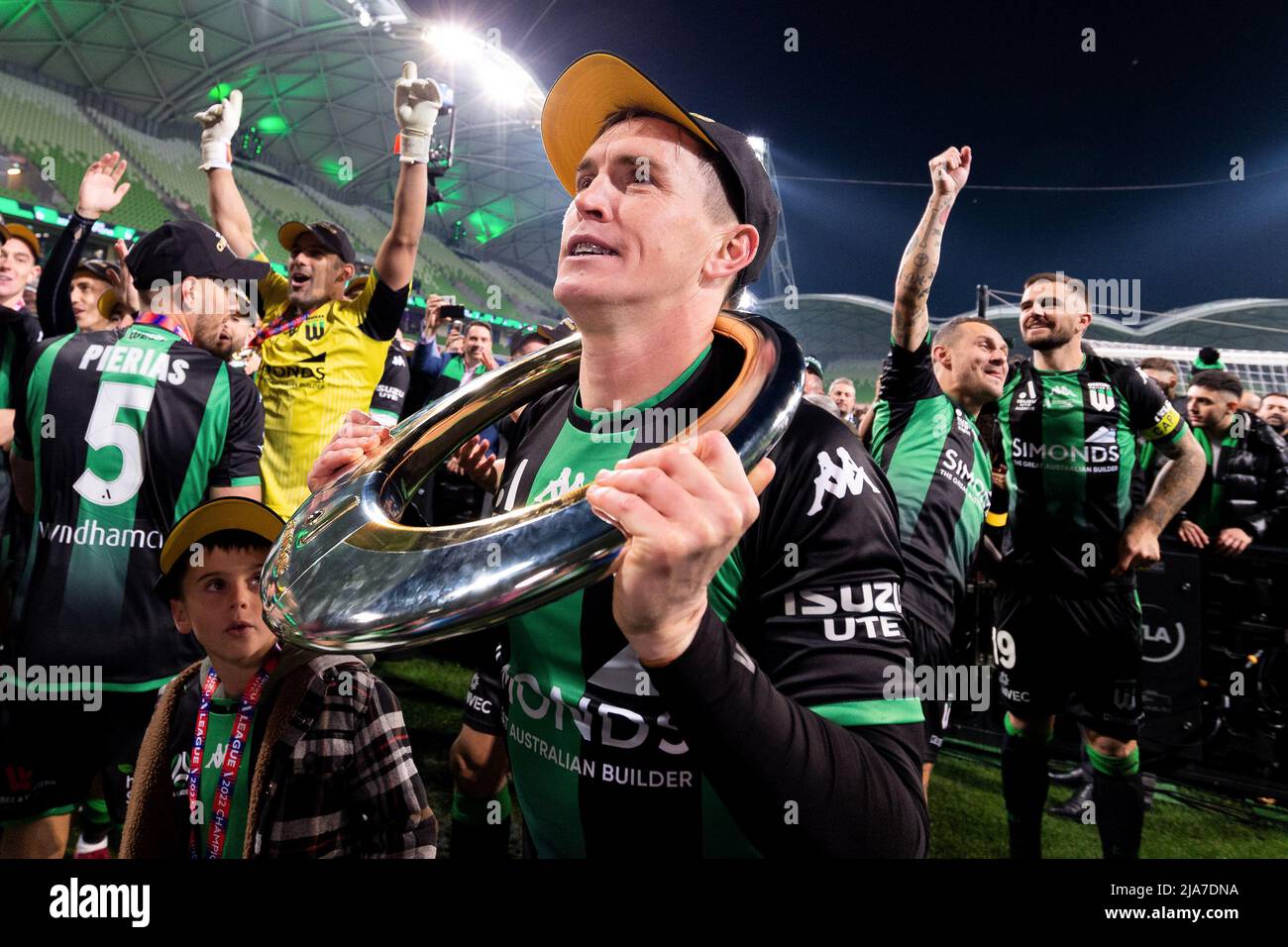 Melbourne, Australia, 28 May, 2022. Neil Kilkenny of Western United celebrates with the trophy around his neck during the A-League Grand Final soccer match between Melbourne City FC and Western United at AAMI Park on May 28, 2022 in Melbourne, Australia. Credit: Mikko Robles/Speed Media/Alamy Live News Stock Photo