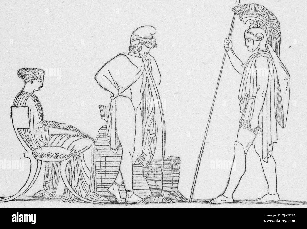 Hector Chiding Paris, c1792. By John Flaxman (1755-1826). In the tenth year of the Trojan War, observing Paris avoiding combat with Menelaus, Hector scolds him with having brought trouble on his whole country and now refusing to fight. An illustration from the Iliad. The Iliad is an ancient Greek epic poem in dactylic hexameter, traditionally attributed to Homer. Stock Photo