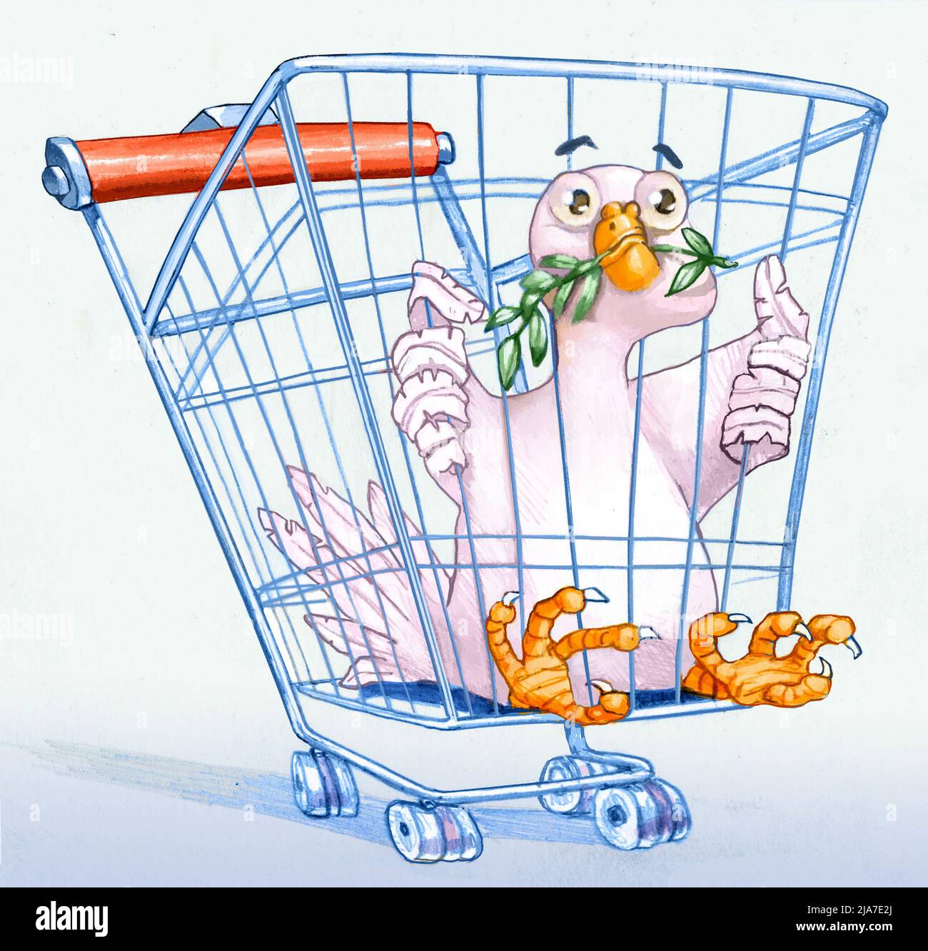 A dove is imprisoned in a shopping cart, a metaphor for wars caused by selfish and unconscious consumption Stock Photo