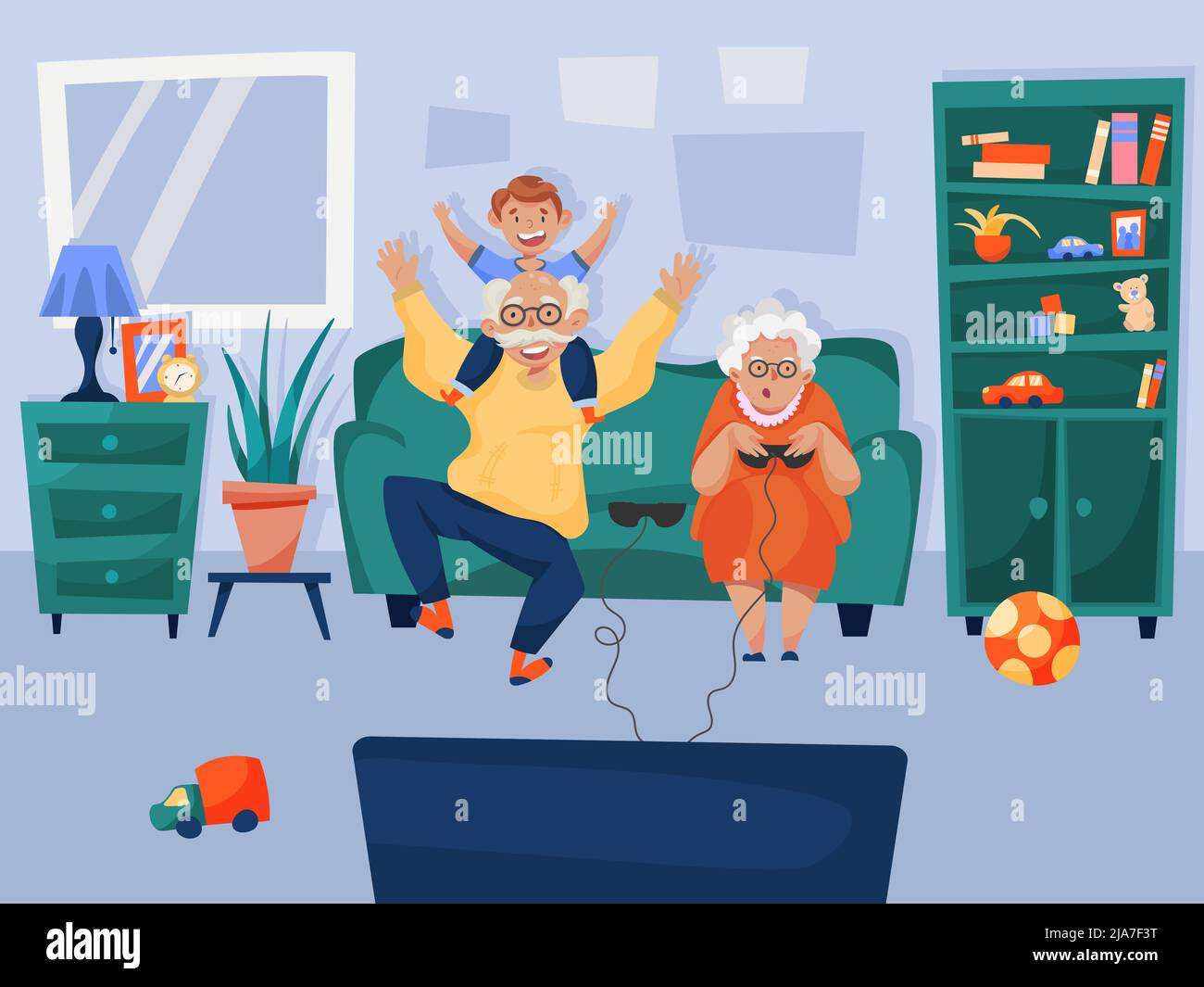 Happy grandparents entertaining grandson playing virtual games online together sitting home on sofa cartoon composition vector illustration Stock Vector
