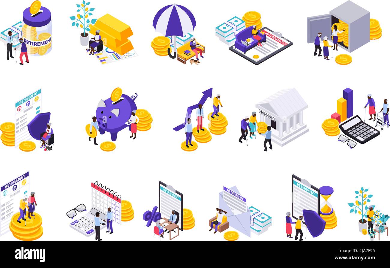 Set of isolated retirement preparation plan icons with isometric human characters images of coins and agreements vector illustration Stock Vector