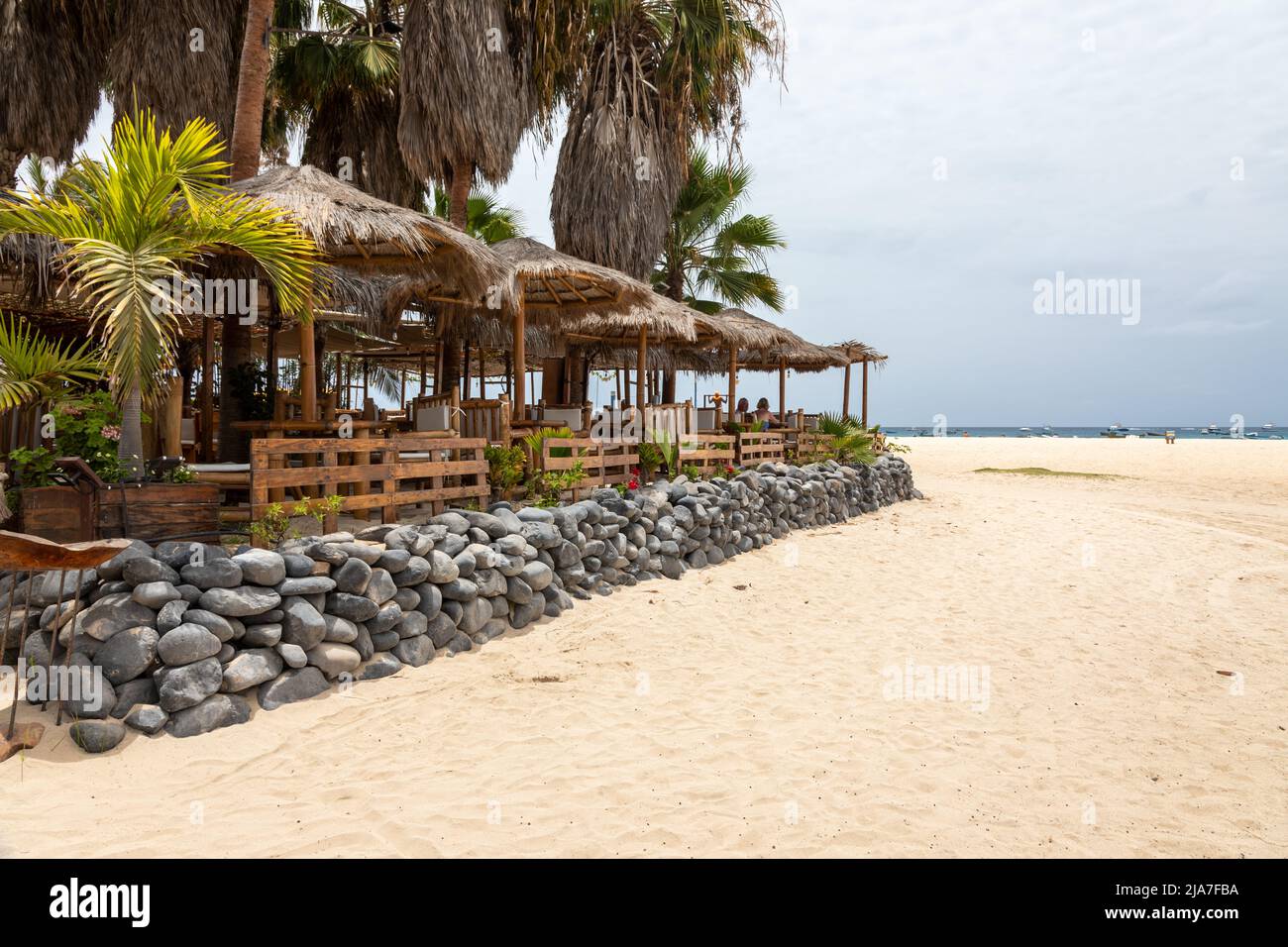 Picturesque Palm Beach Tropical Bar / Restaurant on Santa Maria beach, Sal, Cape Verde Island, Cabo Verde Islands, Africa Stock Photo