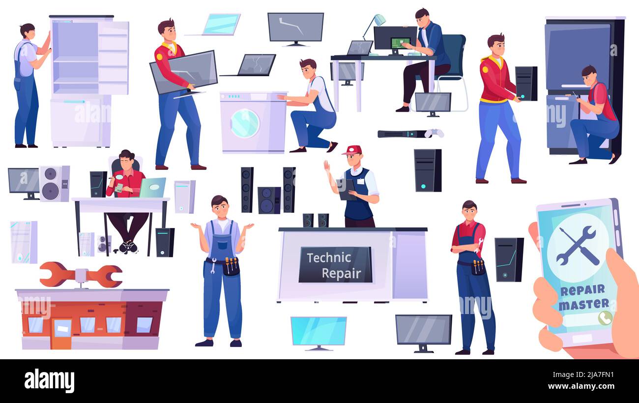 Various situations in the repair service work set flat vector illustration Stock Vector