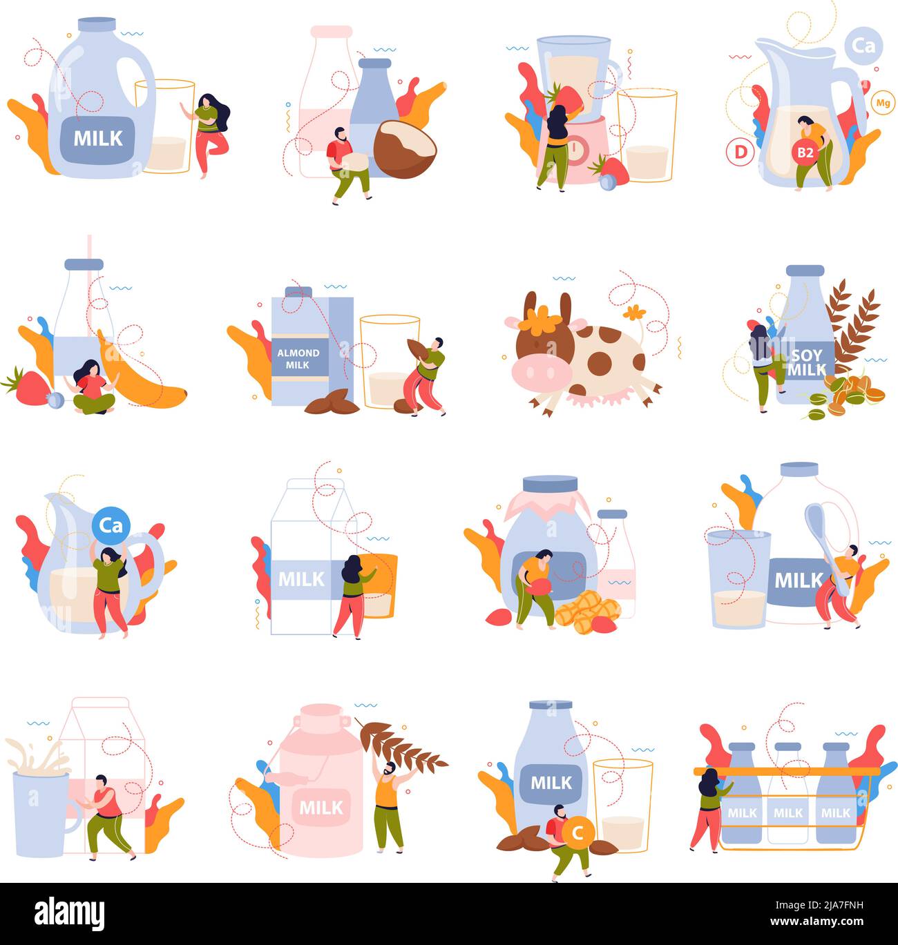 Milk usage 4x4 flat icons set of dairy production in eco package ...