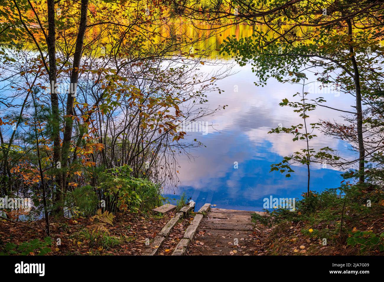 Autumn sky and foliage reflected in Moccasin Lake, Hiawatha National Forest, Michigan Stock Photo