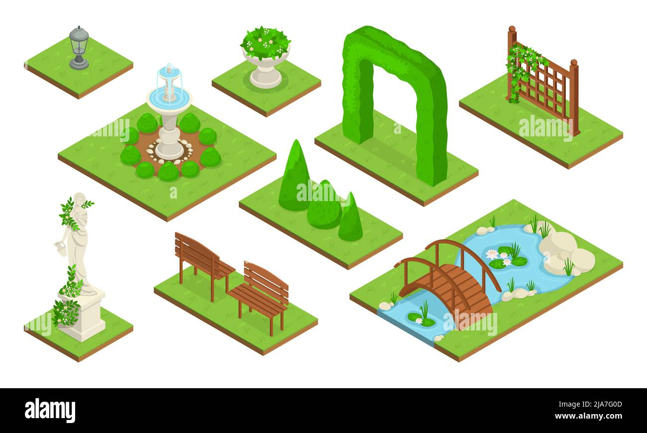 Isometric landscape design park icon set with an arch of greenery on ...