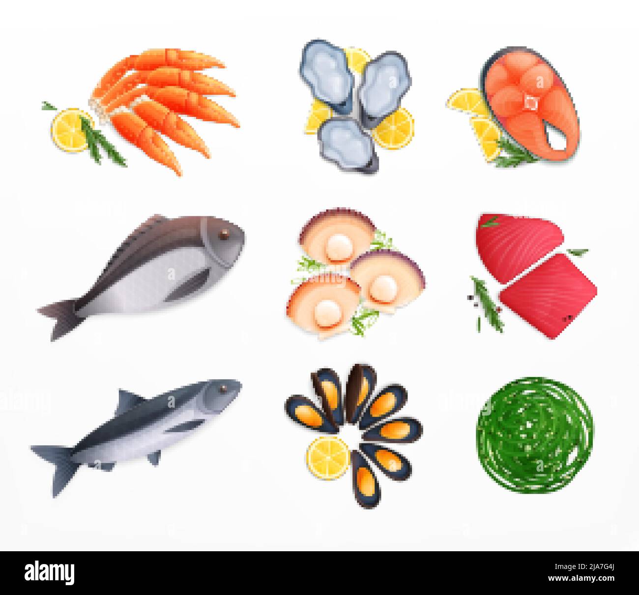 Set of isolated seafood flat icons with ripe fish and ready dishes with ...