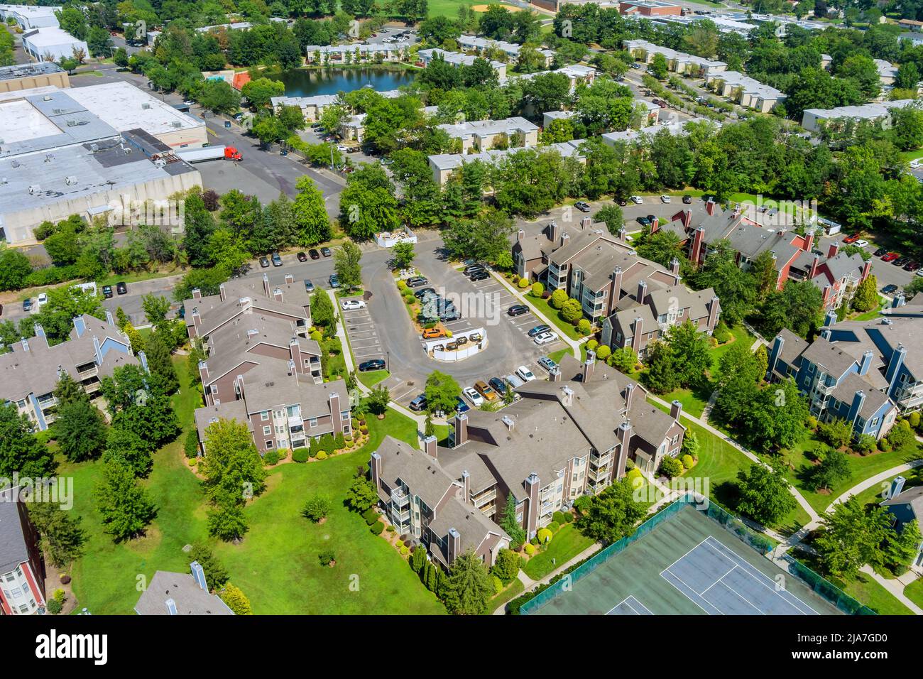Aerial top view of residential quarters at beautiful town urban