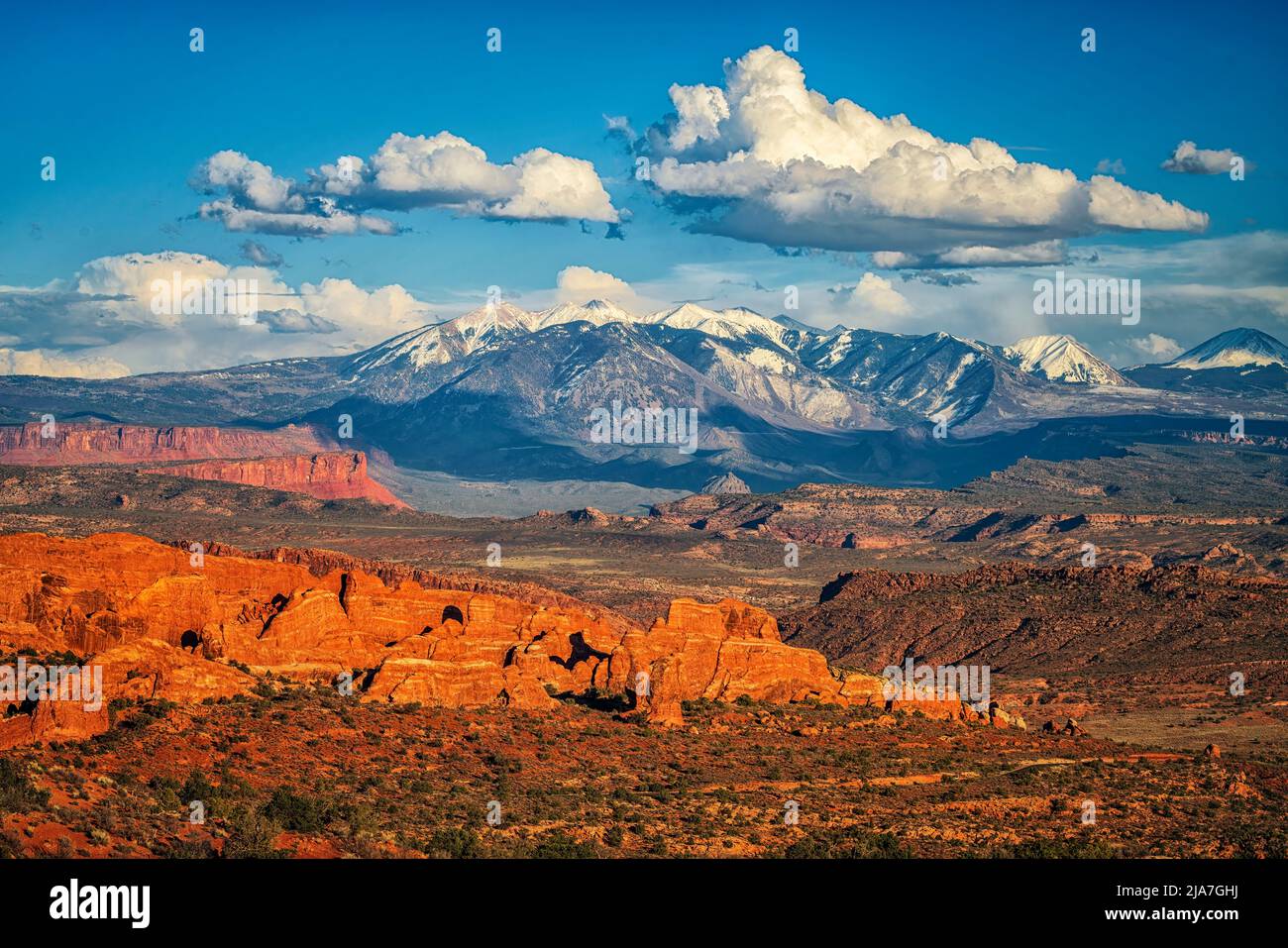 La Sal Mountains as seen from Arches National Park in Utah Stock Photo