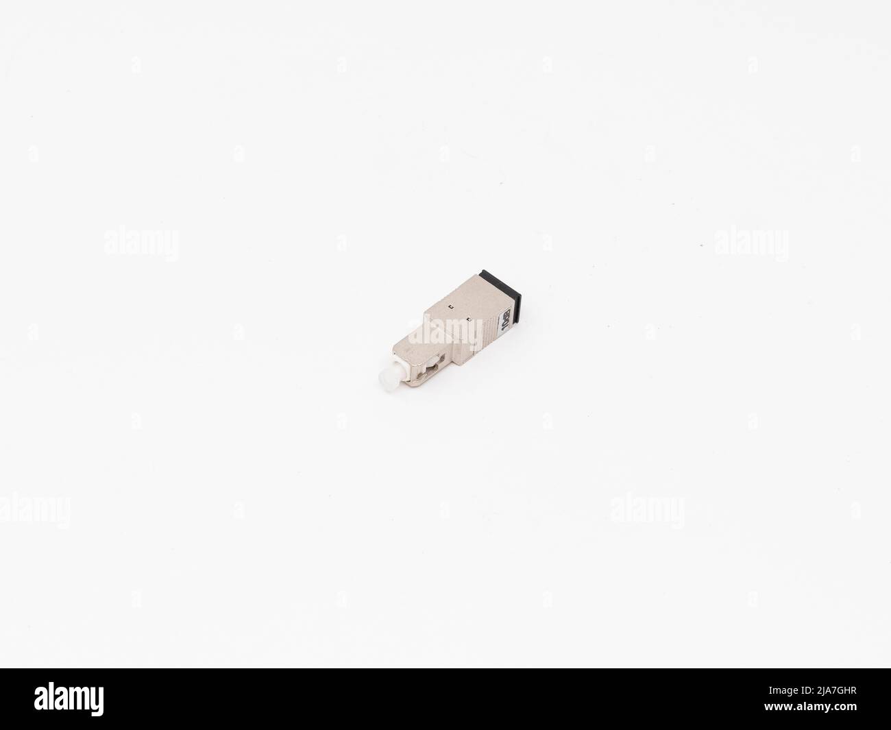 SC-UPC adapter for single mode fiber optic patch cord with flange on isolated white background Stock Photo
