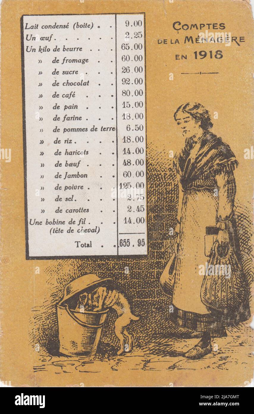 'Comptes de la ménagère en 1918' / Household accounts in 1918: French postcard showing a woman with a shawl round her shoulders carrying shopping bags, with a skinny dog scavenging for food in a bin / bucket. An inset panel of text gives the prices of food at a time of inflation Stock Photo