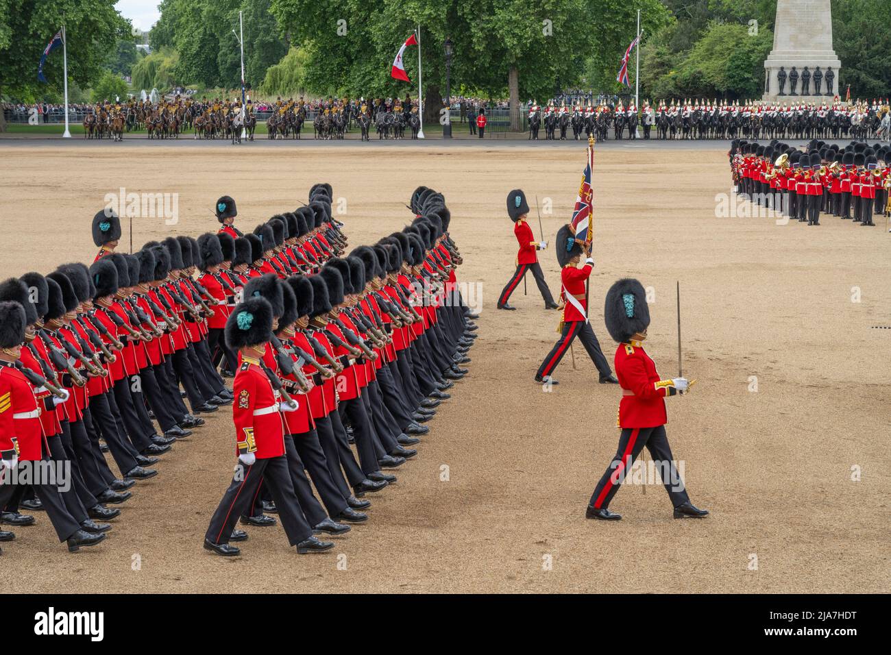 Horse Guards Parade, London, UK. 28 May 2022. The Colonel’s Review takes place, reviewed by HRH the Duke of Cambridge, and is the final rehearsal for Trooping the Colour which will take place on a weekday - Thursday 2nd June - for the Platinum Jubilee year. This year, the honour of trooping their colour falls to the Irish Guards and as Colonel of the regiment the Duke leads the final review. Credit: Malcolm Park/Alamy Live News Stock Photo