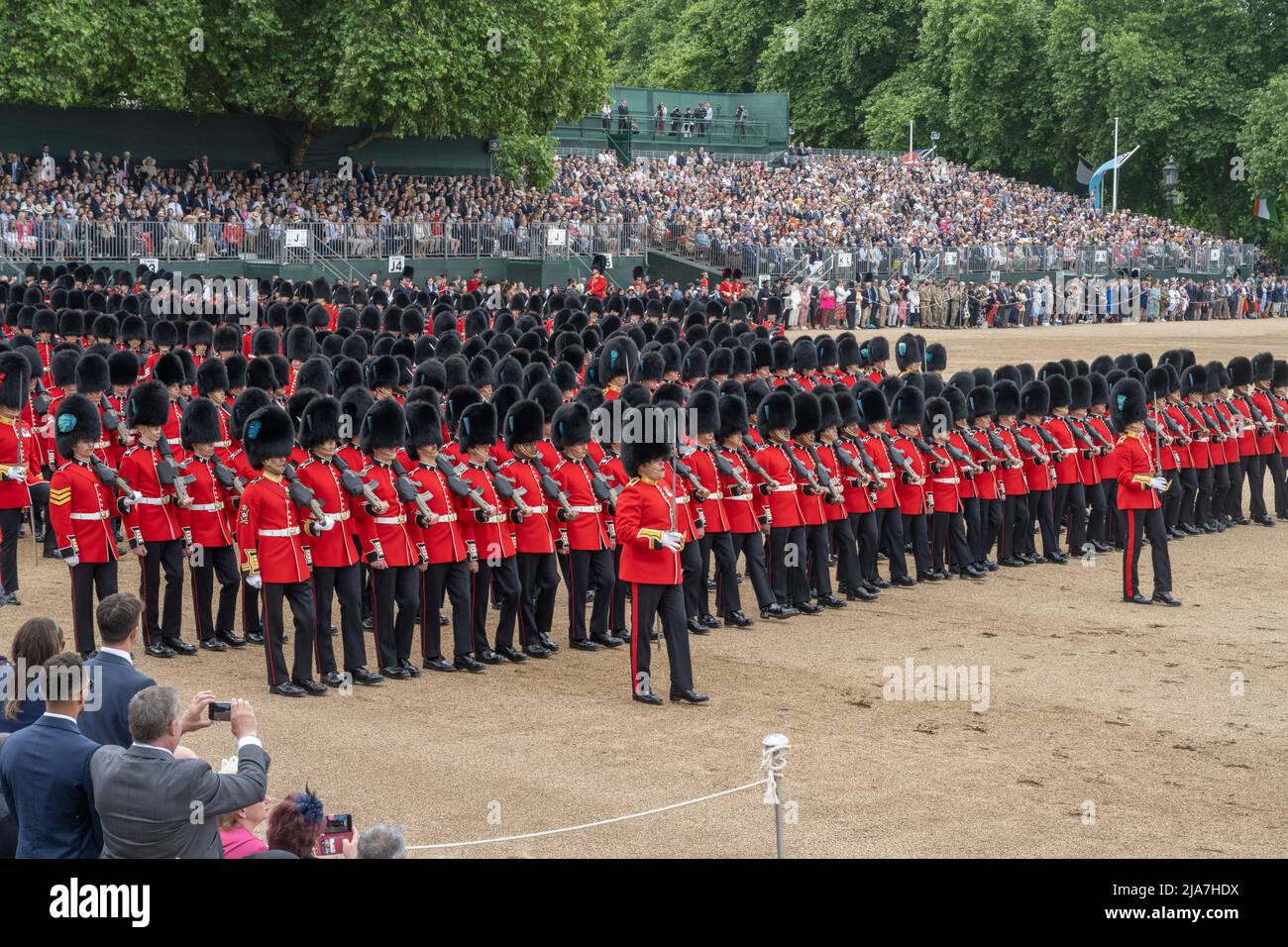 Horse Guards Parade, London, UK. 28 May 2022. The Colonel’s Review takes place, reviewed by HRH the Duke of Cambridge, and is the final rehearsal for Trooping the Colour which will take place on a weekday - Thursday 2nd June - for the Platinum Jubilee year. This year, the honour of trooping their colour falls to the Irish Guards and as Colonel of the regiment the Duke leads the final review. Credit: Malcolm Park/Alamy Live News Stock Photo