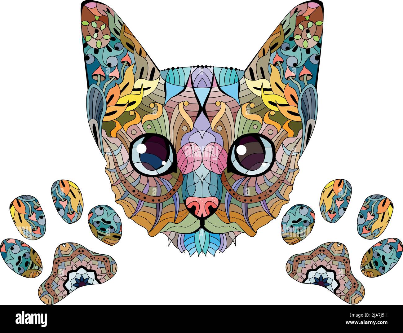 Head of cat with paw zentangle styled for coloring, for t-shirt design, tattoo and other decorations Stock Vector