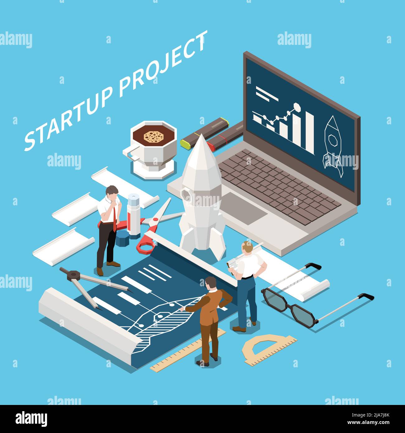 Startup project isometric concept with descriptions and marketing ...