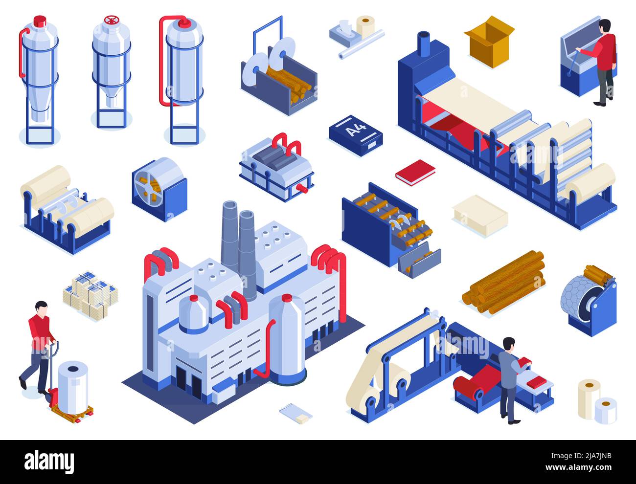 Isometric paper production horizontal set of isolated icons with ...