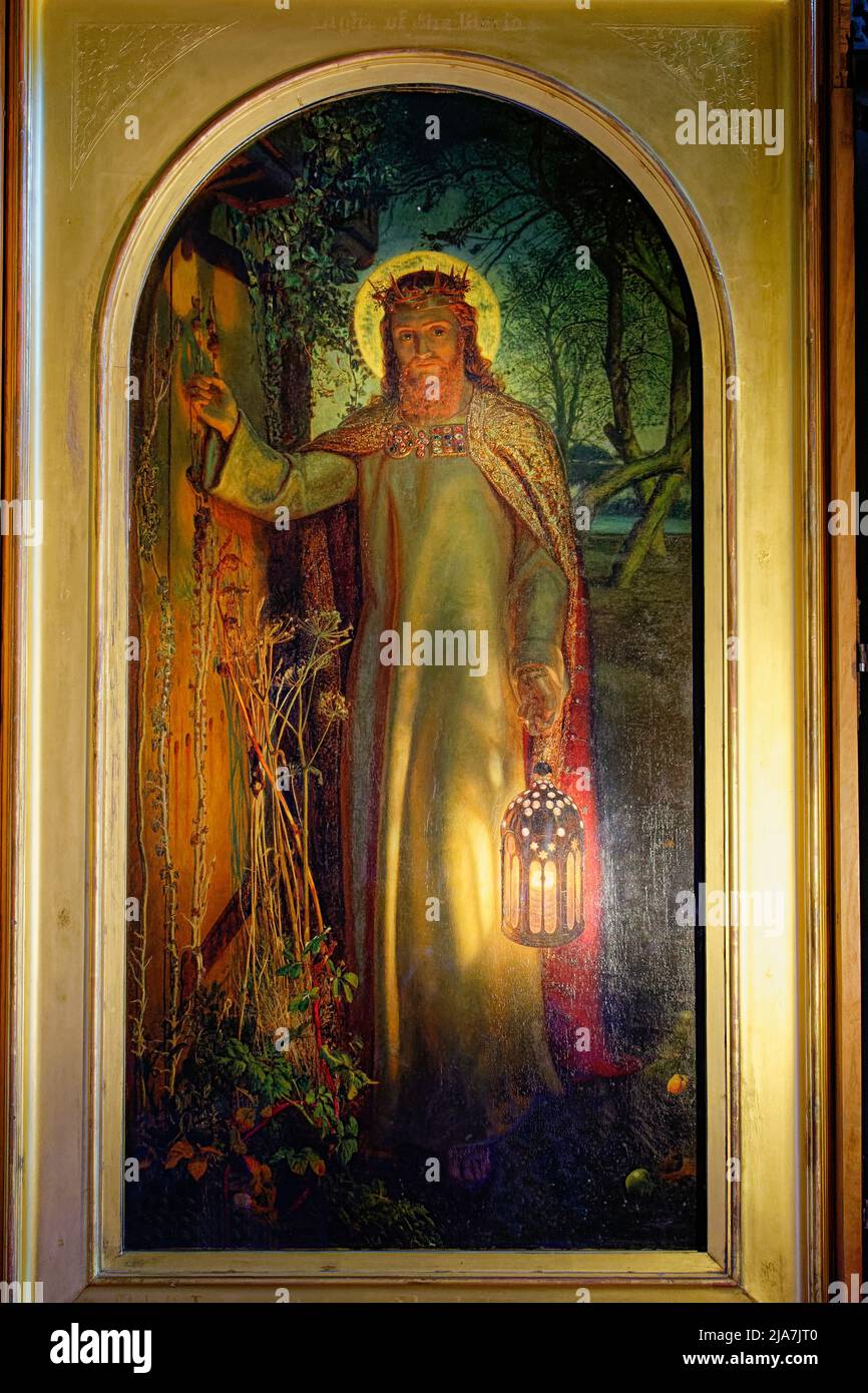 OXFORD CITY ENGLAND KEBLE COLLEGE SIDE CHAPEL PAINTING THE LIGHT OF THE WORLD BY WILLIAM HOLMAN HUNT Stock Photo