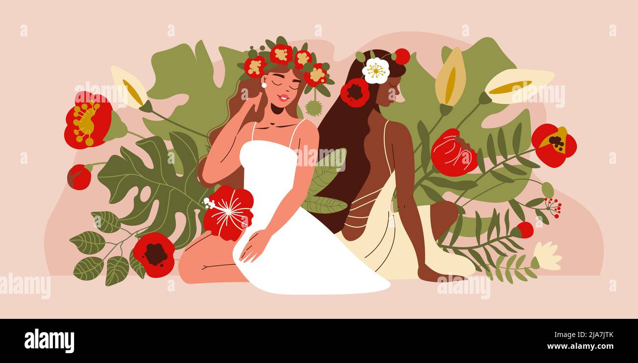 Two beautiful women in summer dresses with flowers in long hair sitting surrounded by blooming plants flat horizontal vector illustration Stock Vector