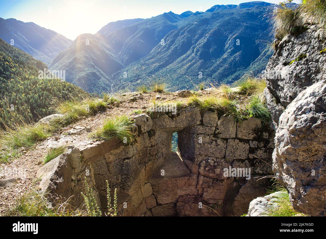 World War I trench in the mountains along the path of the Forra del Lupo in Folgaria, Italy Stock Photo