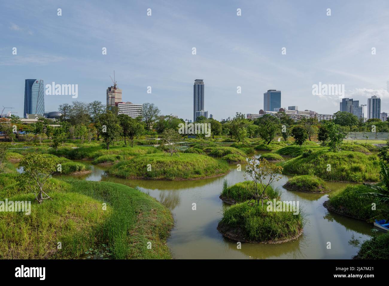 Outdoor sunny view of Benchakitti Forest Park, famous public park in