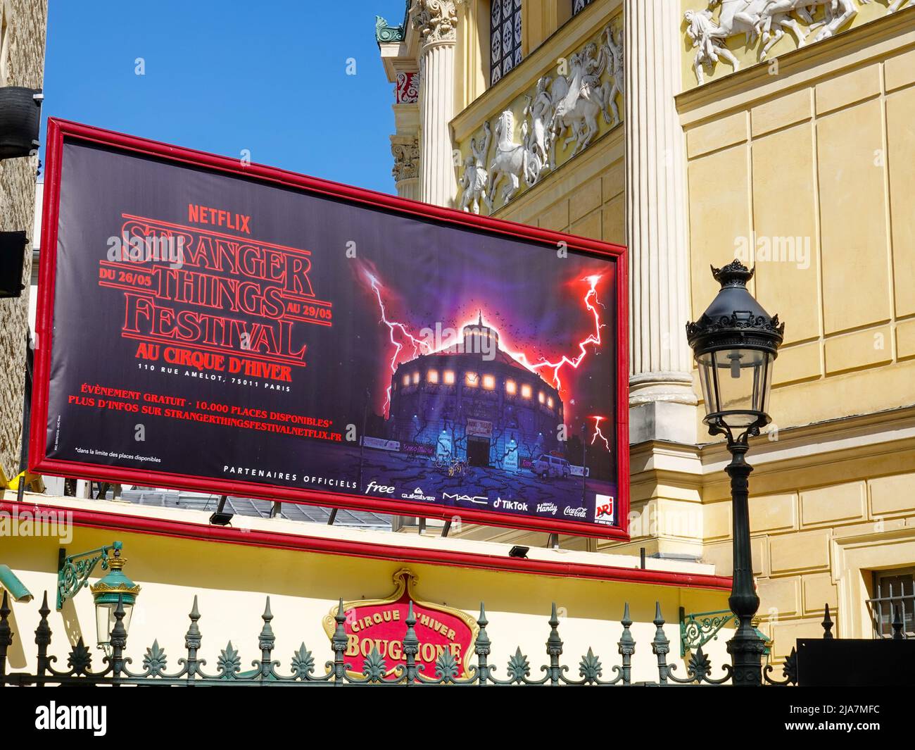 Paris, FR. 28th May, 2022. Sign for the NETFLIX: Stranger Things Festival held at Cirque d’Hiver Bouglione, Rue Amelot, 11th Arrondissement. While launching the 4th season of Stranger Things, Netflix invited the public to explore the upside down world at Cirque d’Hiver Bouglione with the Stranger Things Festival, May 26 to 29, 2022. Stock Photo