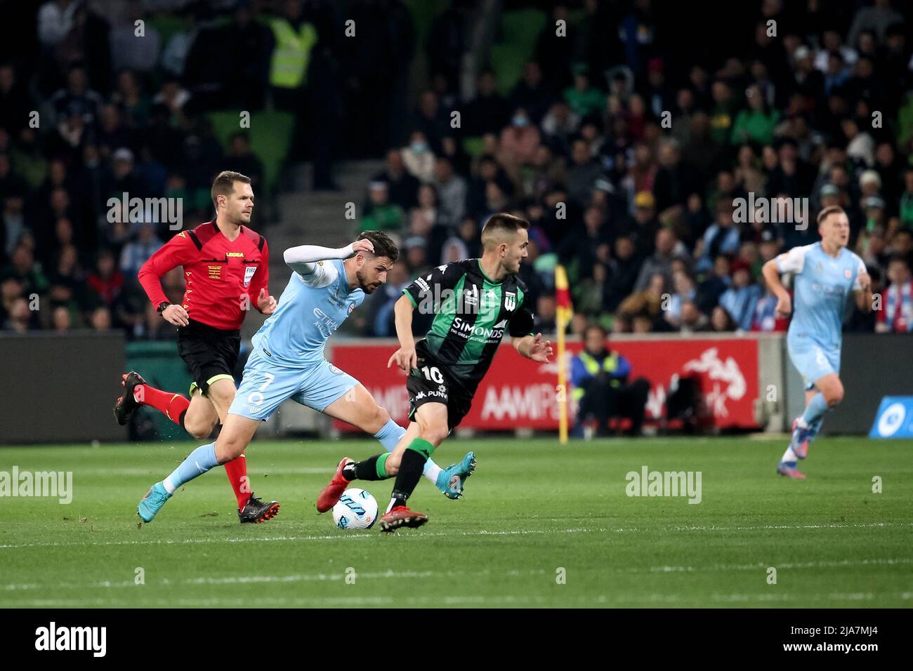 Melbourne, Australia, 28 May, 2022. Mathew Leckie of Melbourne City FC controls the ball during the A-League Grand Final soccer match between Melbourne City FC and Western United at AAMI Park on May 28, 2022 in Melbourne, Australia. Credit: Dave Hewison/Speed Media/Alamy Live News Stock Photo