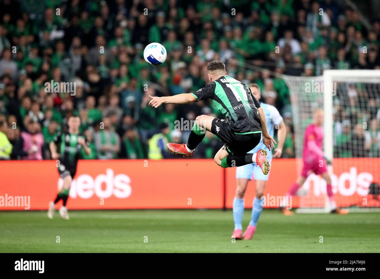 Melbourne, Australia, 28 May, 2022. Benjamin Garuccio of Western United kicks the ball during the A-League Grand Final soccer match between Melbourne City FC and Western United at AAMI Park on May 28, 2022 in Melbourne, Australia. Credit: Dave Hewison/Speed Media/Alamy Live News Stock Photo