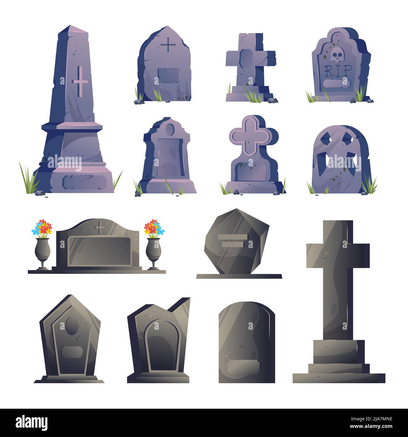 Cemetery gravestone icon set tombstones old and new in different sizes and colors with flower beds vector illustration Stock Vector